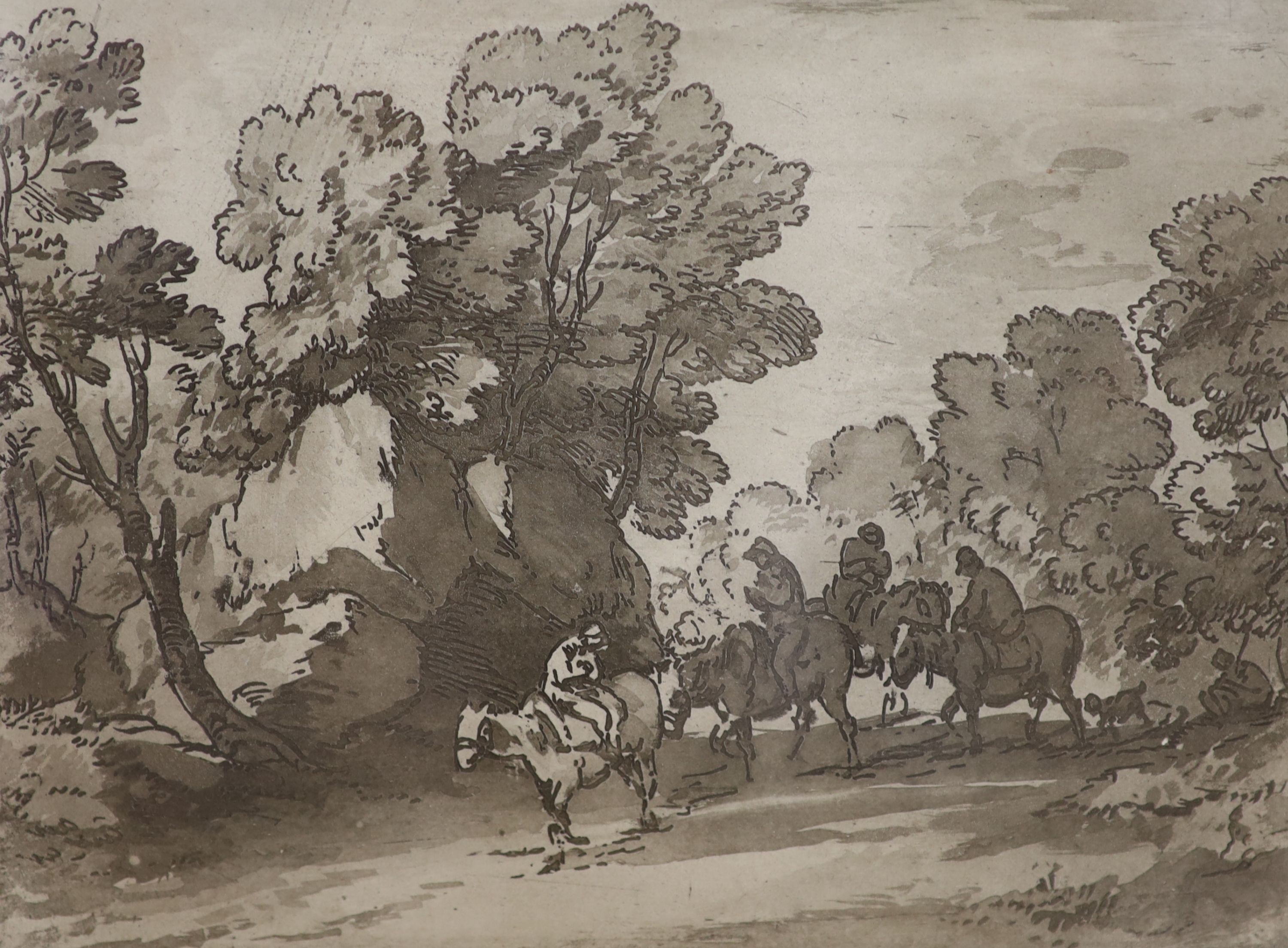 After Thomas Gainsborough, soft ground etching, Horseman on a lane, 18 x 24cm
